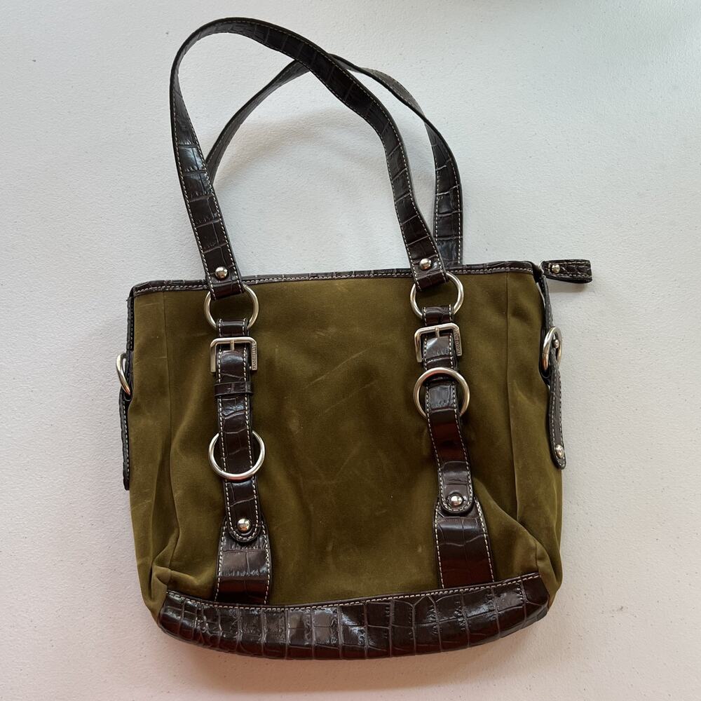 Franco Sarto Shoulder Bag Double Strap Buckle Detail Faux Reptile Green Suede